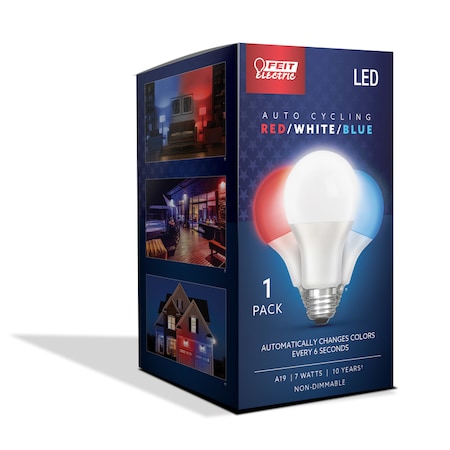 Feit Electric Feit A19 E26 (Medium) Auto Cycling LED Bulb Blue/Red/White 2 Watt Equivalence 1 pk A19/RBW/LED/36